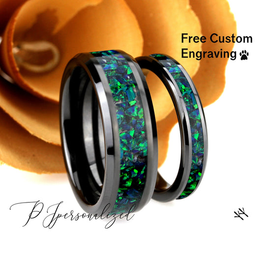 His And Hers Black Ceramic Wedding Band Set, Emerald Green Fire Opal Inlay Ceramic Ring For Men & Women, 8mm/4mm,Promise Ring For Couple