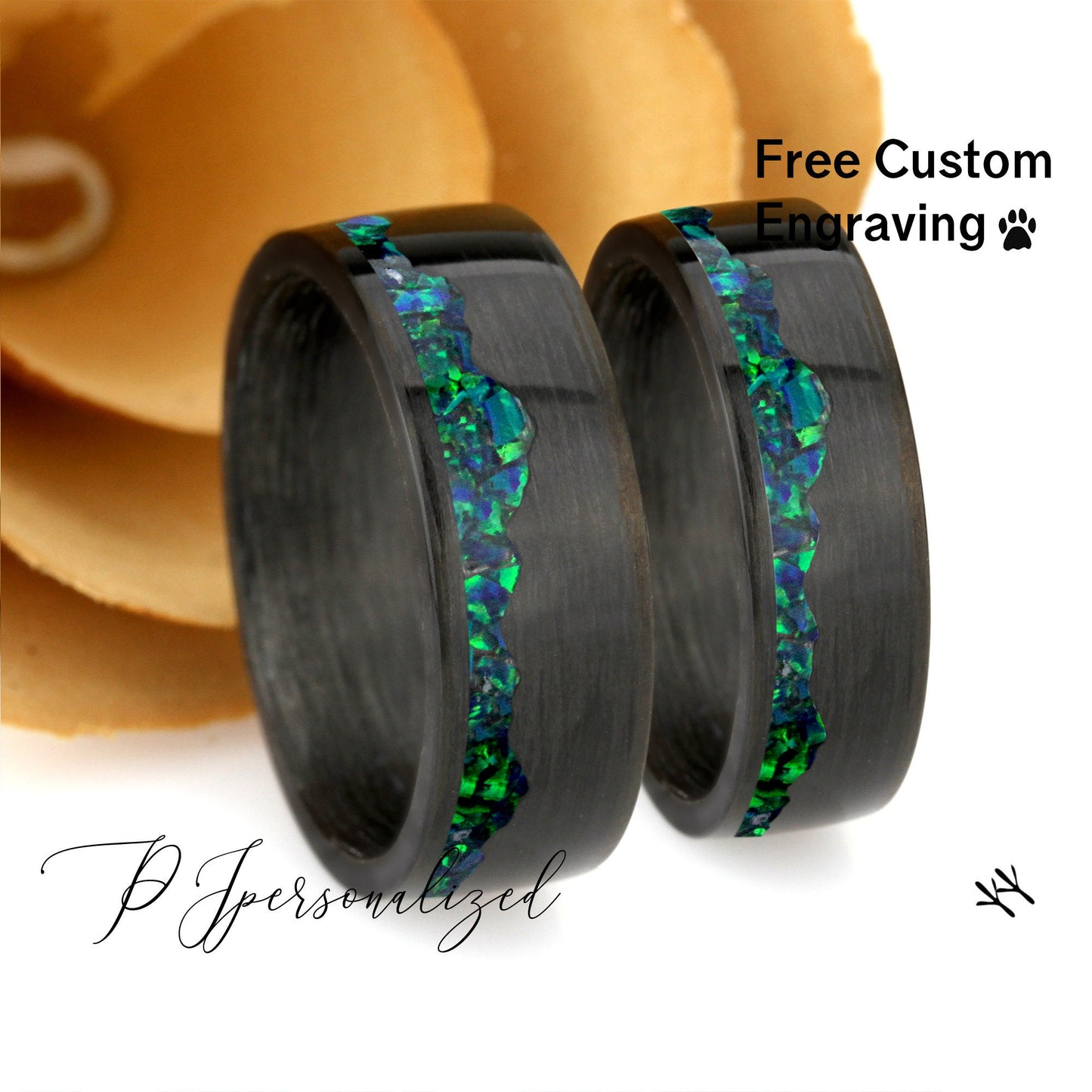 Fire Opal Wedding Band Set His And Hers, Emerald Green Opal Inlay, Mountain Pattern Durable Carbon Fiber Ring, His And Hers Wedding Ring Set