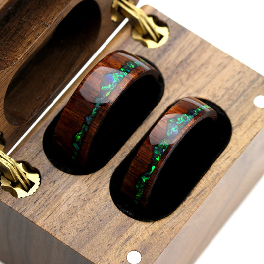 Fire Opal Wedding Band Set His And Hers, Emerald Green Opal Inlay, Mountain Pattern Natural Solid Wood Ring, His And Hers Wedding Ring Set
