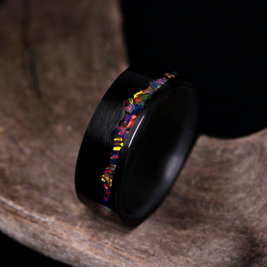 Fire Opal Wedding Band Set His And Hers, Black Fire Opal Inlay, Mountain Pattern Durable Carbon Fiber Ring, His And Hers Wedding Ring Set