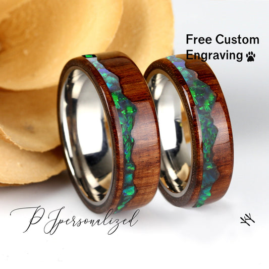 Fire Opal Wood Wedding Band Set His And Hers, Emerald Green Opal Inlay, Mountain Pattern Natural Solid Wood Ring, Anniversary Ring Set