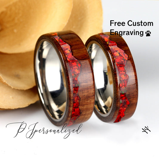 Fire Opal Wedding Band Set His And Hers, Ruby Red Opal Inlay, Mountain Pattern Natural Solid Wood Ring, His And Hers Wedding Ring Set