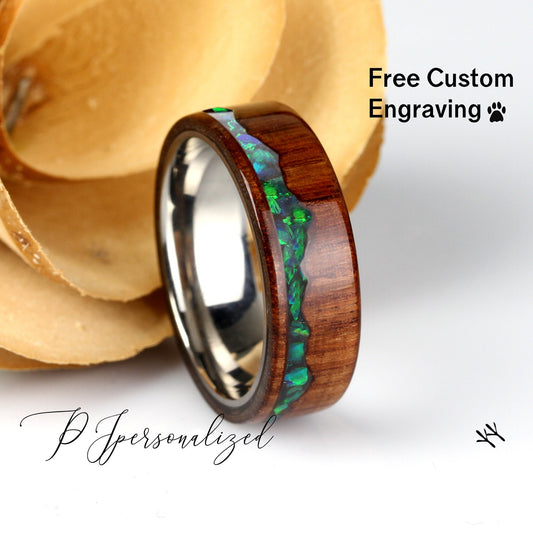 Fire Opal Wood Wedding Band Set His And Hers, Emerald Green Opal Inlay, Mountain Pattern Natural Solid Wood Ring, Anniversary Ring Set