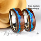 Fire Opal Wedding Band Set His And Hers, Ocean Blue Opal Inlay, Mountain Pattern Natural Solid Wood Ring, His And Hers Wedding Ring Set