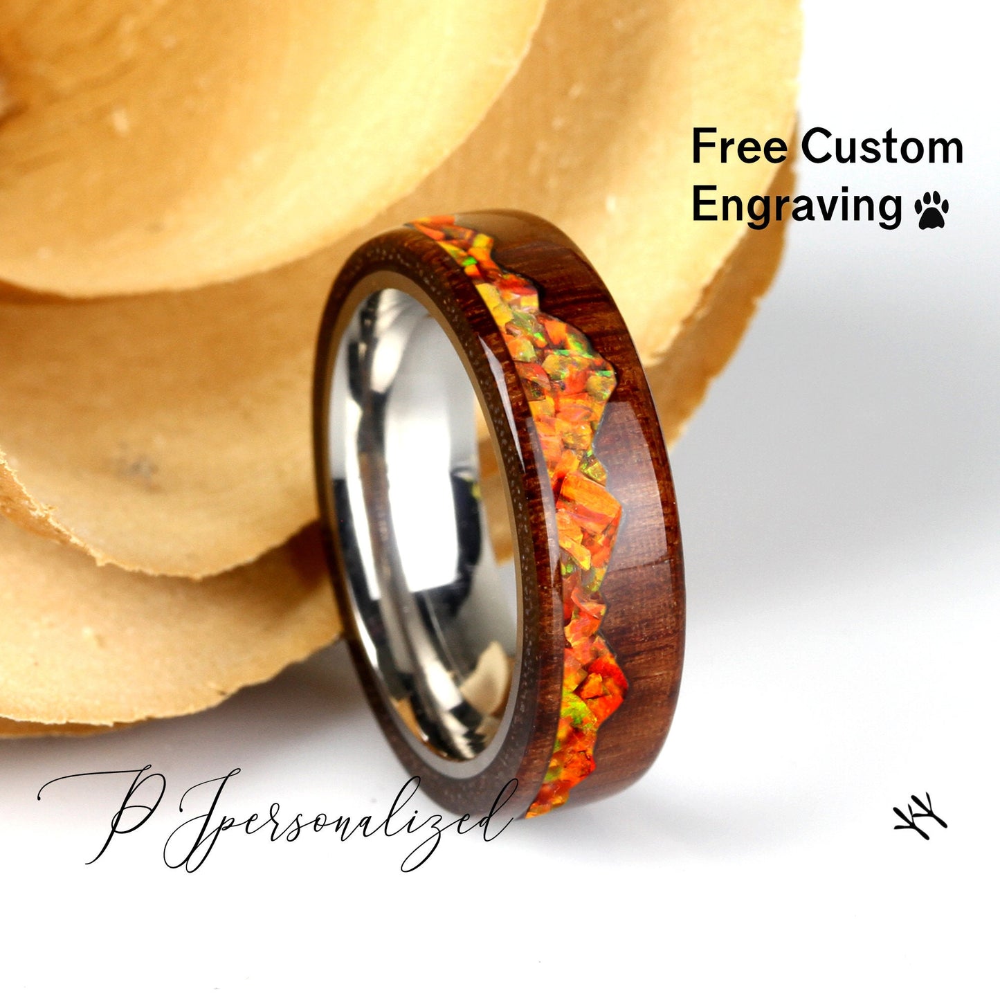 Fire Opal Wedding Band Set His And Hers, Orange Fire Opal Inlay, Mountain Pattern Natural Solid Wood Ring, His And Hers Wedding Ring Set