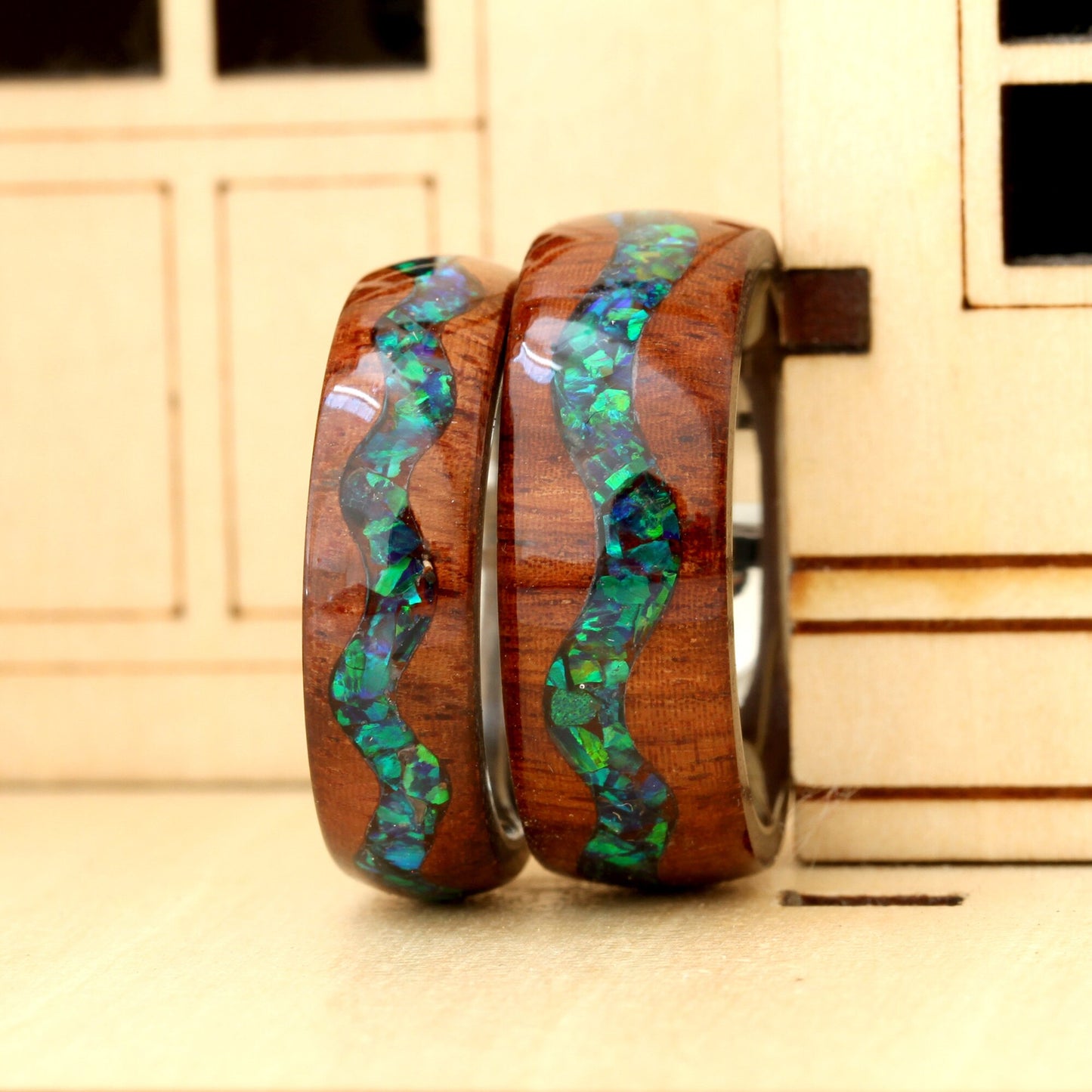 Fire Opal Wedding Band Set His And Hers, Emerald Green Opal Inlay, River Pattern Natural Solid Wood Ring, His And Hers Wedding Ring Set