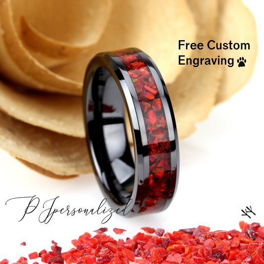 Crushed Ruby Red Fire Opal Inlay 6mm Tungsten Wedding Band, Black Ceramic Band For Women, Fire Opal Ring Promise Ring, Promise Gift