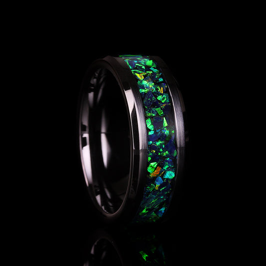 Crushed Emerald Green Opal 8mm Tungsten Wedding Band Men & Women, Black Ceramic Wedding Band For Men Women, Fire Opal Ring, Promise Gift