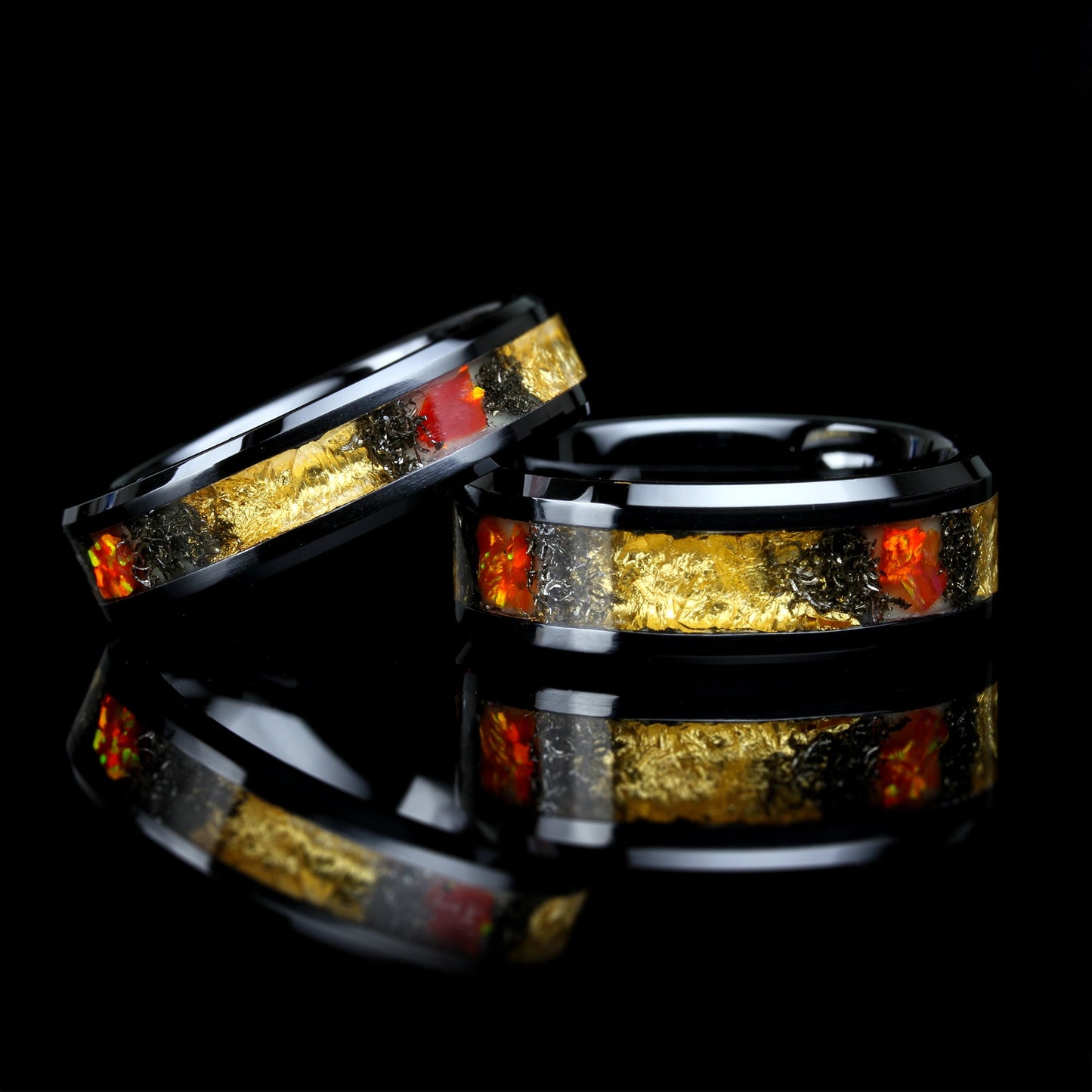 24K Pure Gold Leaf Ring, Natural Meteorite Ring, Glow Ring, Fire Opal Ring, 8mm/6mm Black Ceramic Wedding Band Men & Women, Promise Gift