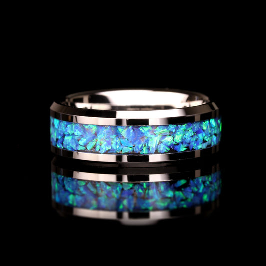 Crushed Blue Fire Opal Inlay 8mm Tungsten Wedding Band Men & Women, Black Ceramic Wedding Band For Men For Women, Opal Ring, Promise Gift