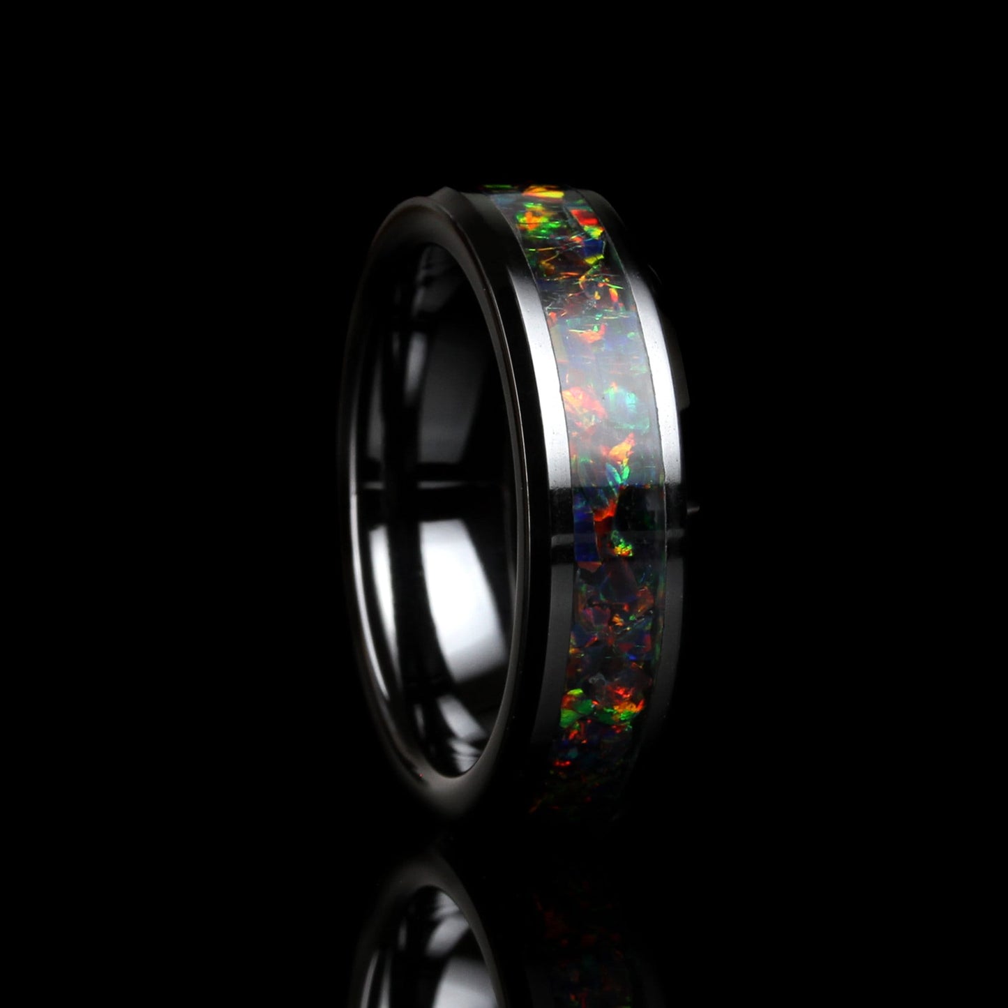 Crushed Black Rainbow Opal Inlay 6mm Tungsten Wedding Band, Black Ceramic Wedding Band For Women, Fire Opal Ring Promise Ring