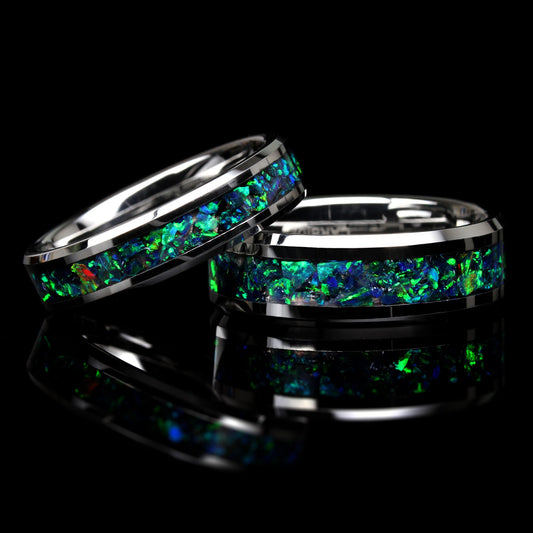 His And Hers Tungsten Wedding Band Set, Emerald Green Fire Opal Inlay Tungsten Ring For Men & Women, 8mm 6mm,Promise Ring For Couple