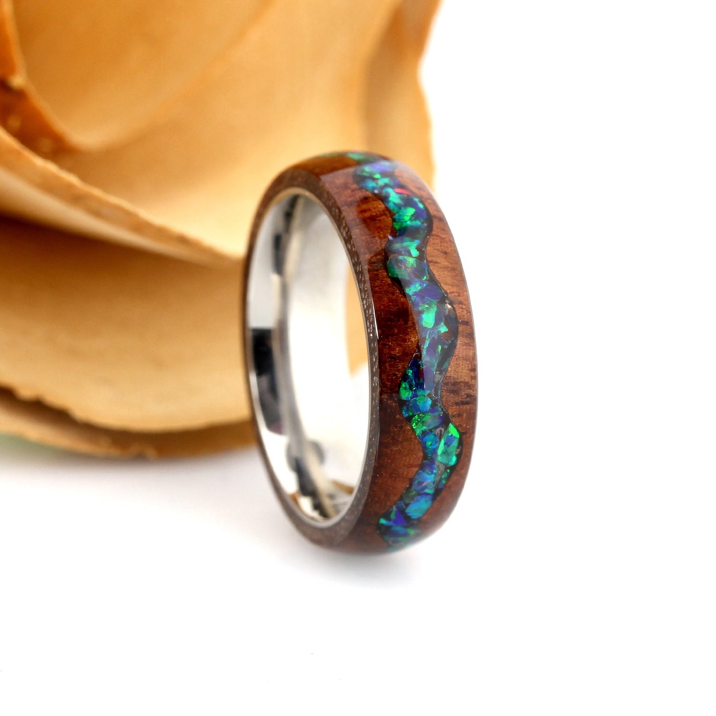 Fire Opal Wood Wedding Band Set His And Hers, Emerald Green Opal Inlay, River Pattern Natural Solid Wood Ring, Anniversary Ring Set