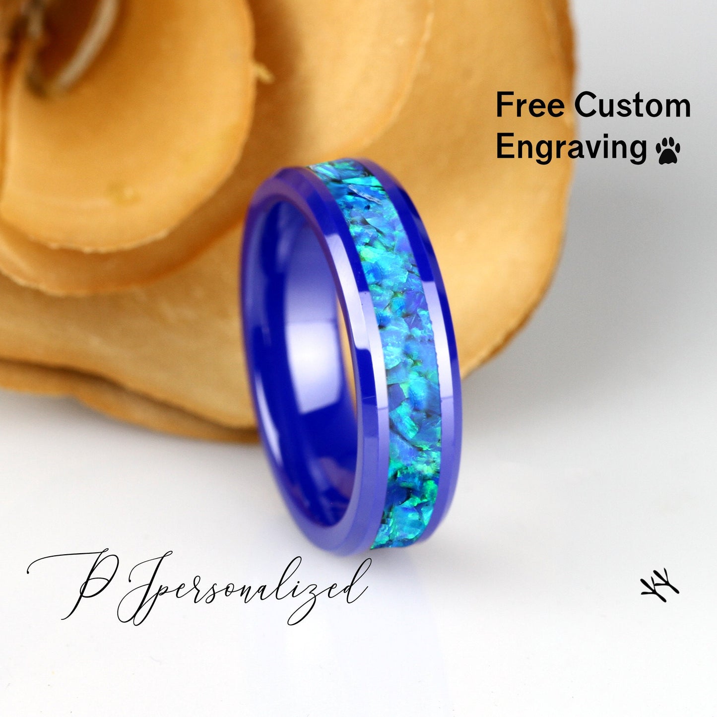 Crushed Blue Fire Opal Inlay 6mm Tungsten Wedding Band, Black Ceramic Wedding Band For Women, Fire Opal Ring Promise Ring, Promise Gift