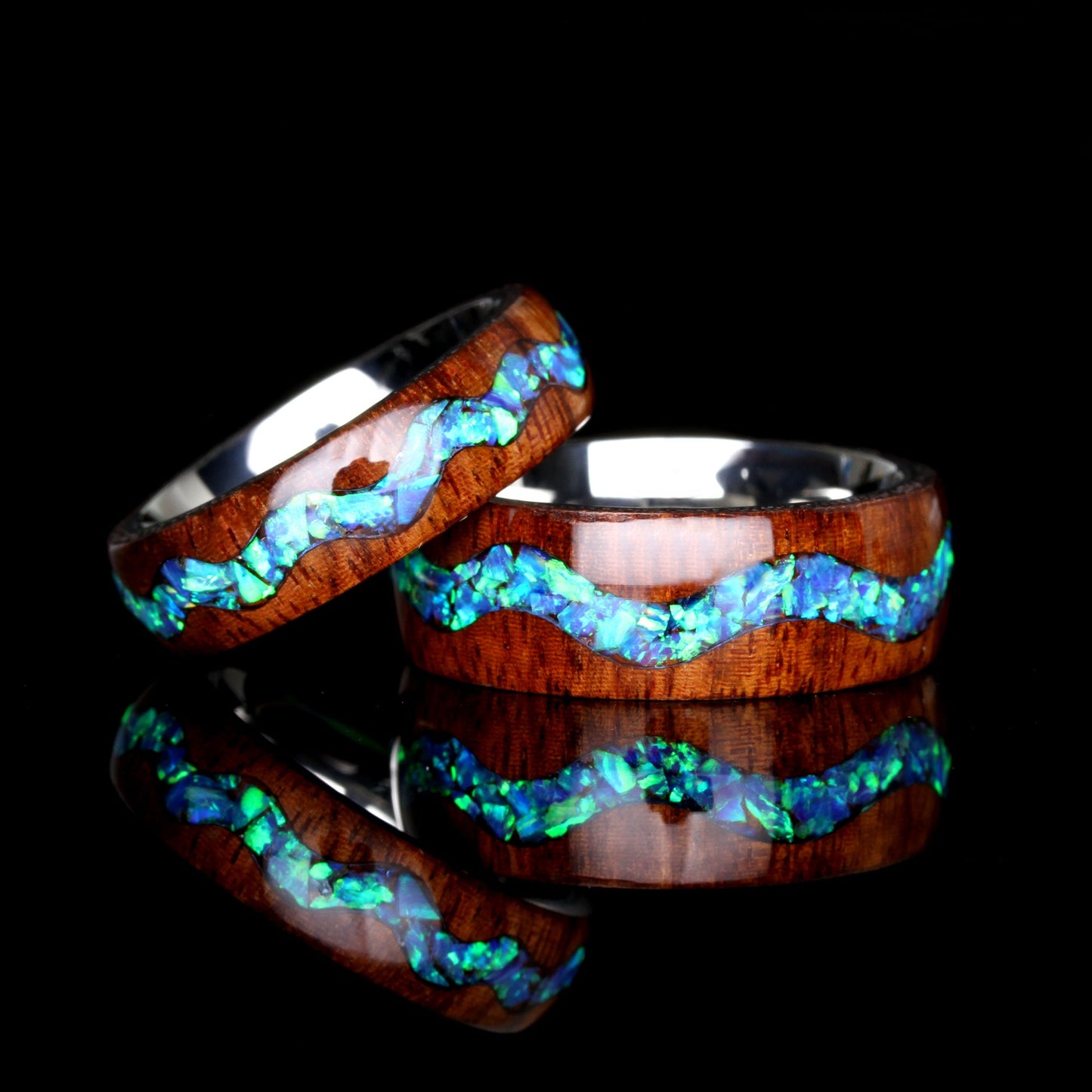 Fire Opal Wedding Band Set His And Hers, Ocean Blue Opal Inlay, River Pattern Natural Solid Wood Ring, His And Hers Wedding Ring Set