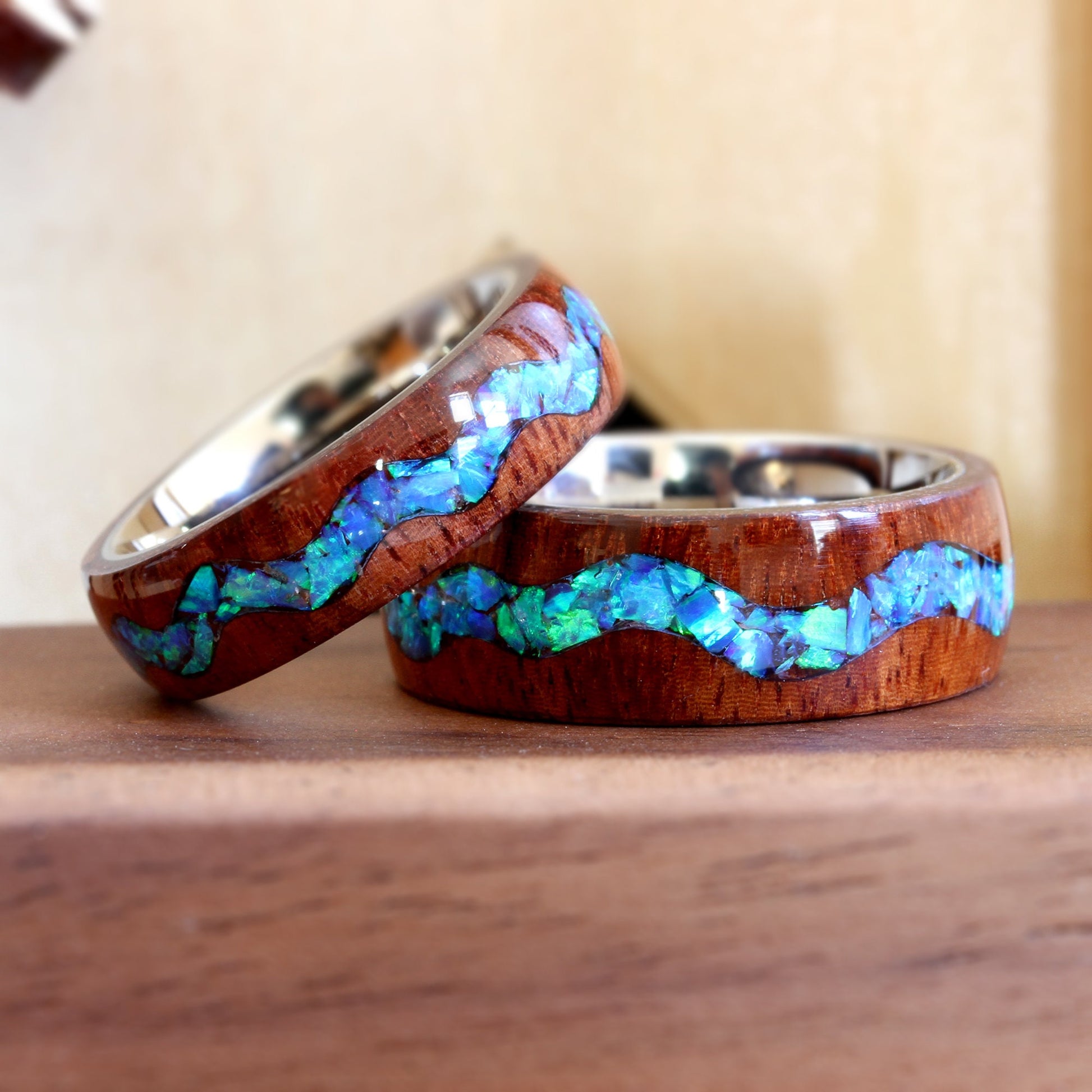 Fire Opal Wedding Ring Blue Opal Wood Ring Fire Opal Wood Wedding