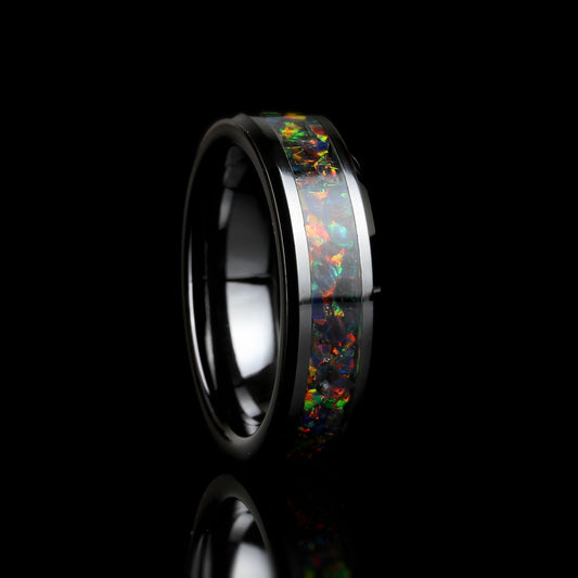 Crushed Black Fire Opal Inlay 8mm Tungsten Wedding Band Men & Women, Black Ceramic Wedding Band For Men Women, Fire Opal Ring, Promise Gift