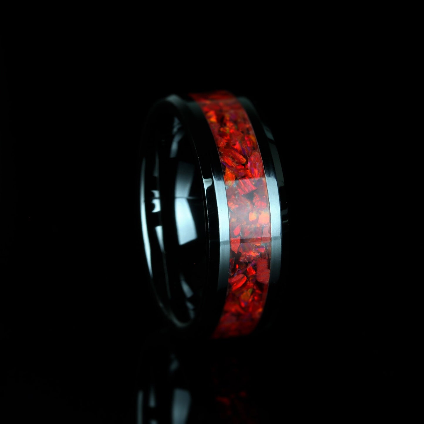 Crushed Ruby Red Fire Opal Inlay 8mm Tungsten Wedding Band Men & Women, Ruby Red Ceramic Wedding Band For Men Women, Promise Gift