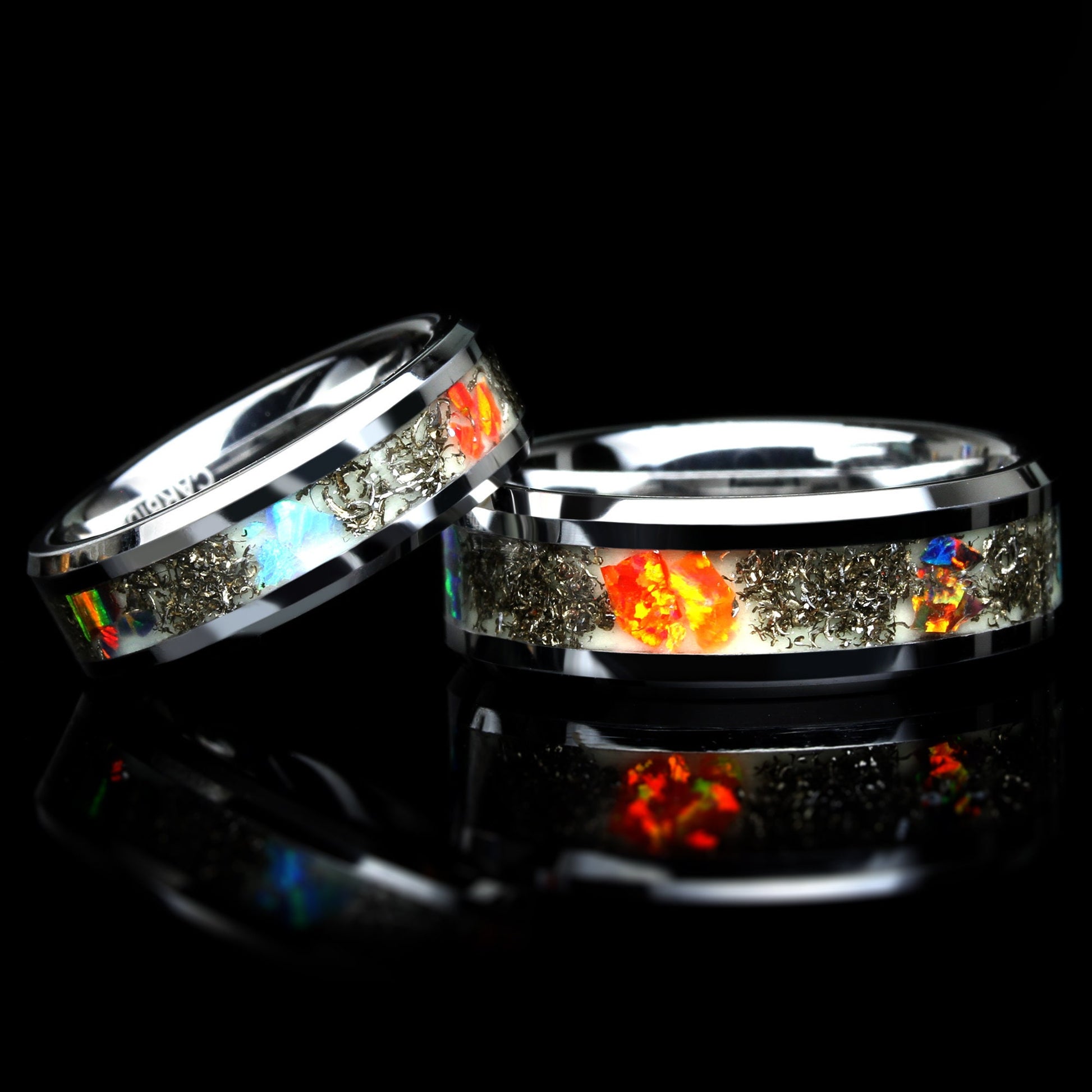 His And Hers Tungsten Wedding Band Set, Meteorite Fire Opal Inlay Tungsten Wedding Ring For Men Women, 8mm/6mm,Promise Ring For Couple