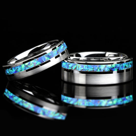 His And Hers Tungsten Wedding Band Set, Blue Fire Opal Inlay Tungsten Ring For Men & Women, 8mm, 6mm,Promise Ring For Couple