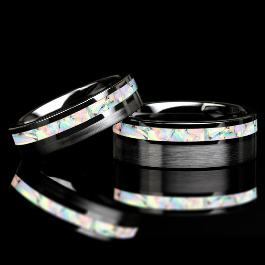 His And Hers Wedding Band Set, White Fire Opal Inlay Black Ceramic Ring For Men & Women, 8mm, 6mm,Promise Ring For Couple