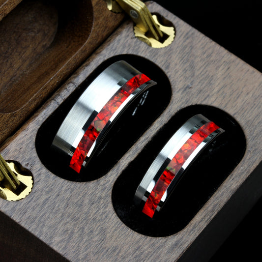 His And Hers Tungsten Wedding Band Set, Red Fire Opal Inlay Tungsten Ring For Men & Women, 8mm, 6mm,Promise Ring For Couple, Custom Box