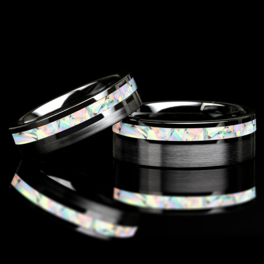 His And Hers White Fire Opal Wedding Band Set, Black Ceramic Ring, Fire Opal Inlay 8mm 6mmTungsten Ring, Promise Ring For Couple, Wood Box