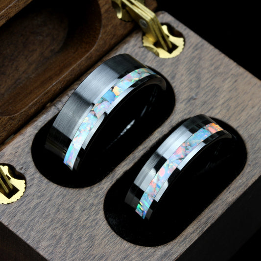 His And Hers White Fire Opal Wedding Band Set, Black Ceramic Ring, Fire Opal Inlay 8mm 6mmTungsten Ring, Promise Ring For Couple, Wood Box