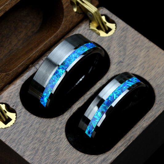 His And Hers Blue Fire Opal Wedding Band Set, Black Ceramic Ring, Fire Opal Inlay 8mm 6mmTungsten Ring, Promise Ring For Couple, Wood Box