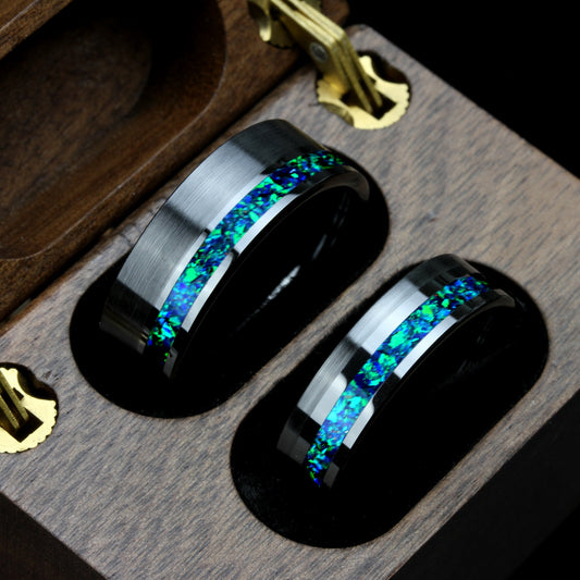 His And Hers Green Fire Opal Wedding Band Set, Black Ceramic Ring, Fire Opal Inlay 8mm 6mmTungsten Ring, Promise Ring For Couple, Wood Box