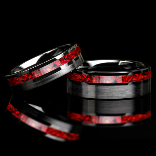 His And Hers Red Fire Opal Wedding Band Set, Black Ceramic Ring, Fire Opal Inlay 8mm 6mmTungsten Ring, Promise Ring For Couple, Wood Box