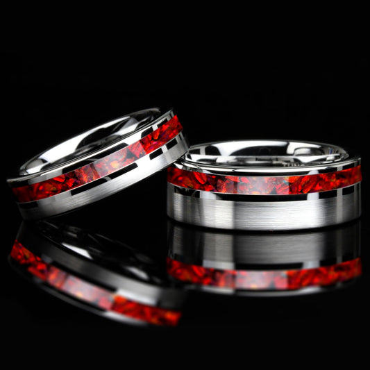 His And Hers Tungsten Wedding Band Set, Red Fire Opal Inlay Tungsten Ring For Men & Women, 8mm, 6mm,Promise Ring For Couple