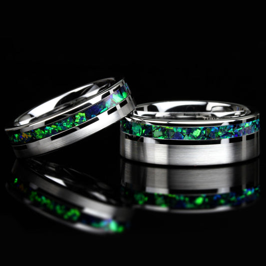 His And Hers Tungsten Wedding Band Set, Green Fire Opal Inlay Tungsten Ring For Men & Women, 8mm, 6mm,Promise Ring For Couple