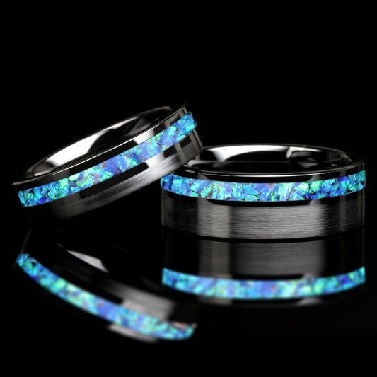 His And Hers Wedding Band Set, Blue Fire Opal Inlay Black Ceramic Ring For Men & Women, 8mm, 6mm,Promise Ring For Couple