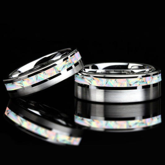 His And Hers Tungsten Wedding Band Set, White Fire Opal Inlay Tungsten Ring For Men & Women, 8mm, 6mm,Promise Ring For Couple, Custom Box