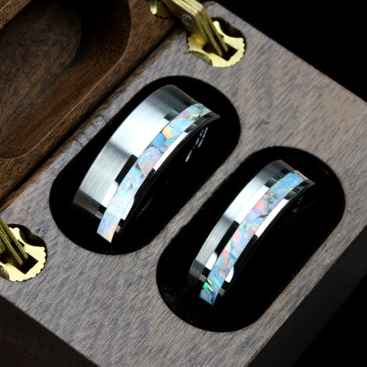 His And Hers Tungsten Wedding Band Set, White Fire Opal Inlay Tungsten Ring For Men & Women, 8mm, 6mm,Promise Ring For Couple, Custom Box