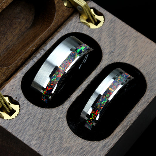 His And Hers Tungsten Wedding Band Set, Black Fire Opal Inlay Tungsten Ring For Men & Women, 8mm, 6mm,Promise Ring For Couple, Custom Box