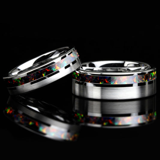 His And Hers Tungsten Wedding Band Set, Black Fire Opal Inlay Tungsten Ring For Men & Women, 8mm, 6mm,Promise Ring For Couple, Custom Box