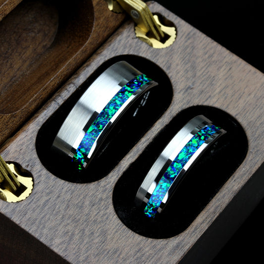 His And Hers Tungsten Wedding Band Set, Green Fire Opal Inlay Tungsten Ring For Men & Women, 8mm, 6mm,Promise Ring For Couple, Custom Box