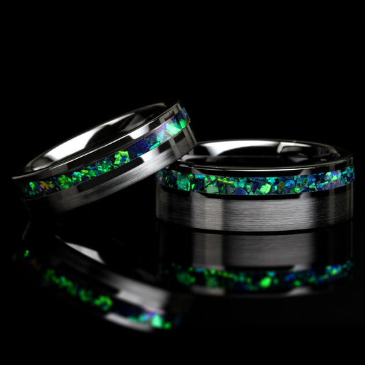 His And Hers Green Fire Opal Wedding Band Set, Black Ceramic Ring, Fire Opal Inlay 8mm 6mmTungsten Ring, Promise Ring For Couple, Wood Box
