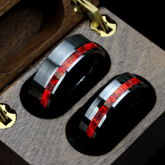 His And Hers Red Fire Opal Wedding Band Set, Black Ceramic Ring, Fire Opal Inlay 8mm 6mmTungsten Ring, Promise Ring For Couple, Wood Box