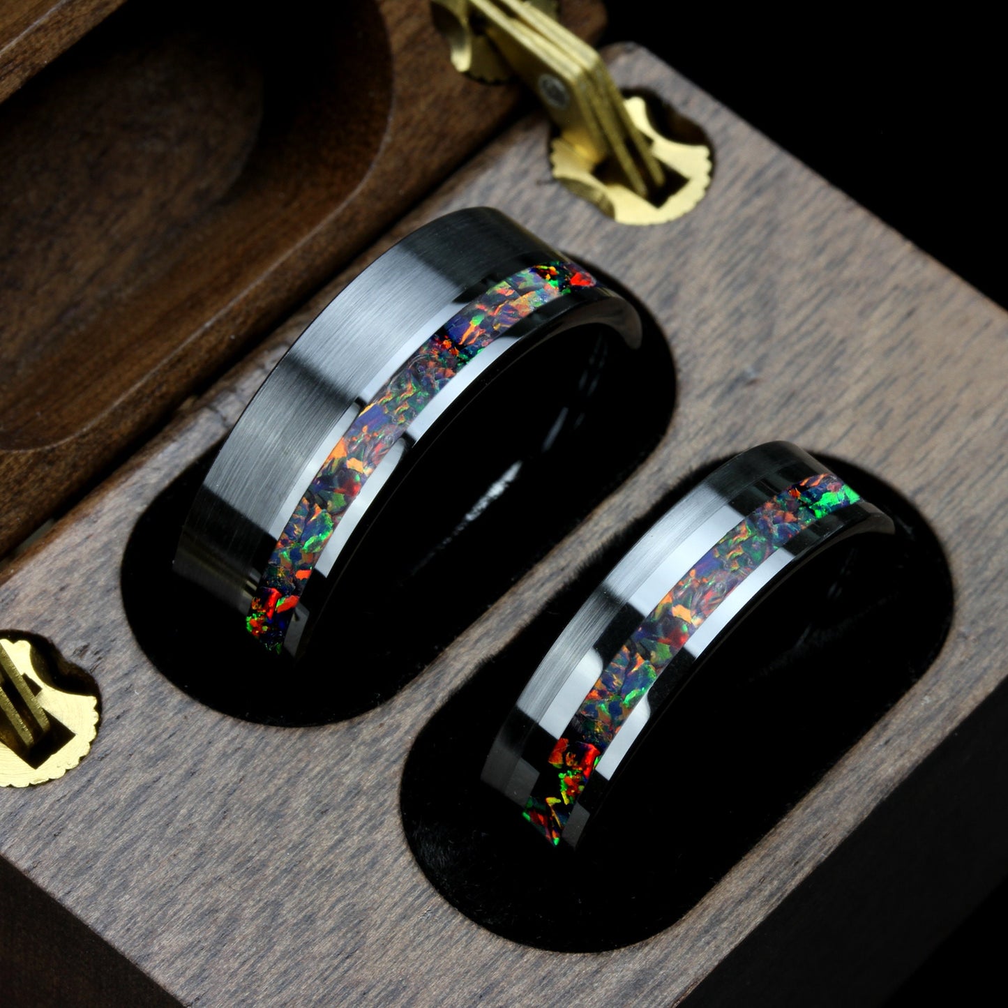 His And Hers Black Fire Opal Wedding Band Set, Black Ceramic Ring, Fire Opal Inlay 8mm 6mmTungsten Ring, Promise Ring For Couple, Wood Box